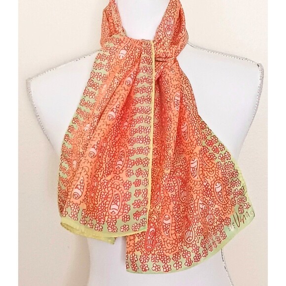 VTG Vera Silk Scarf Made in Japan Orange /Lime Paisley Print Rolled Edge 14X42 - Picture 5 of 8